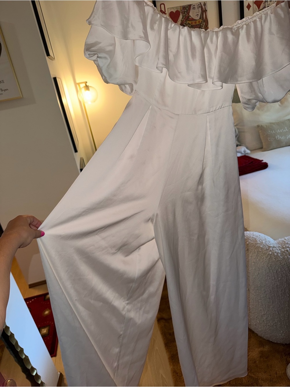 Fame and Partners White Off-Shoulder Ruffle Wide-Leg Jumpsuit